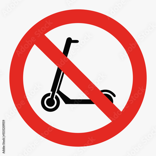 Prohibited electric scooter symbol. Red circle with diagonal line across image of electric scooter.  This no-scooter sign is perfect for creating informational signage, warning signs,