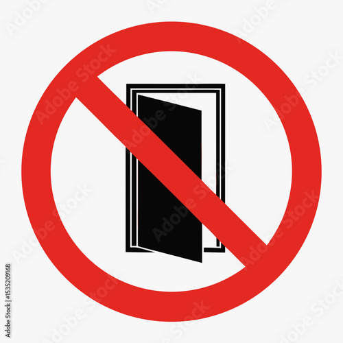Prohibiting entry sign with red circle and crossed-out open door. This no entry symbol is a clear and concise warning.  Design features a simple, bold style ideal for safety signage, warning labels,