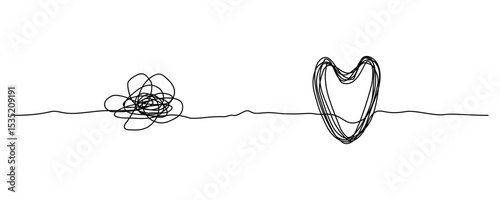 Black yarn tangled in a messy knot with heart-shaped yarn, representing anxiety and depression concept, editable stroke.