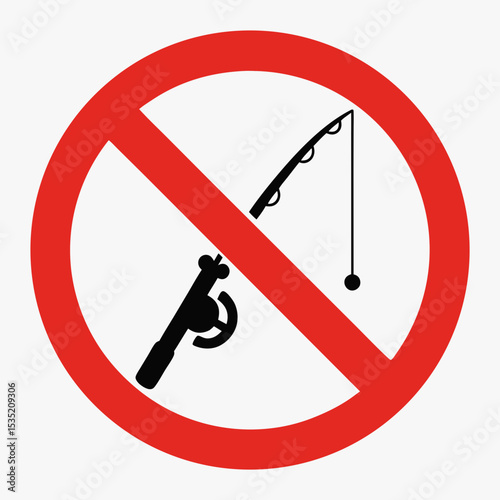 No fishing sign, red circle prohibiting fishing rod and reel.  Prohibition symbol, simple graphic design for informational signs, warnings, and restrictions.