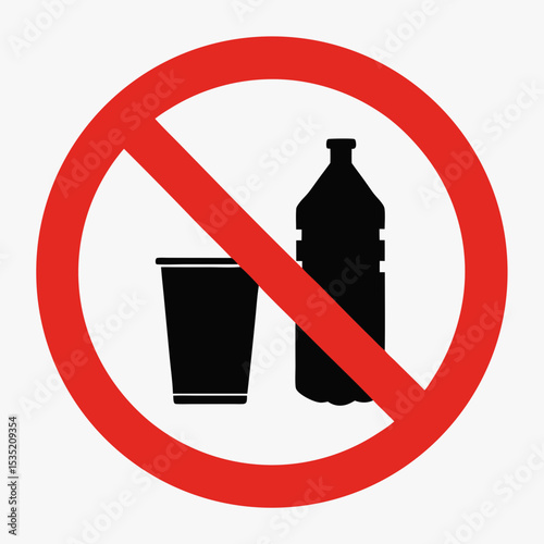 No littering sign with cup and bottle.  Prohibition symbol shows plastic cup and bottle inside red circle with diagonal line.  Informative sign for public places,