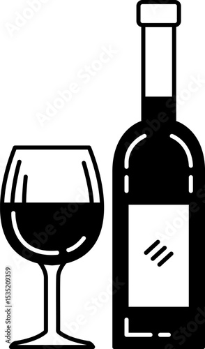 black and white illustration of a bottle of wine and a wine glass