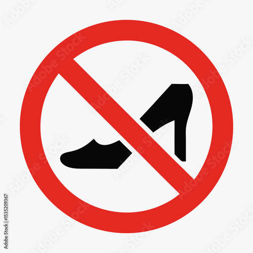 No high heels allowed sign. Red circle prohibition symbol with black high heels image inside. This prohibition sign is perfect for informational graphics, warning signs, and restricted area notices.