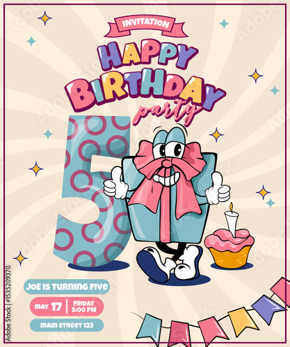 happy birthday party invitation card with retro groovy character  present and number 5