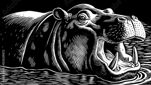 roaring hippopotamus emerging from muddy river water black and white sketch vector