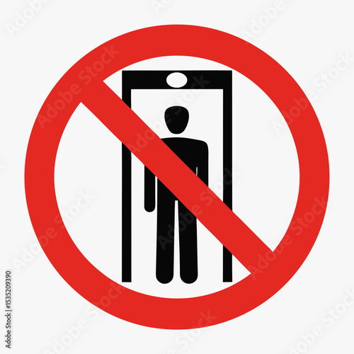 Prohibited metal detectors sign. Red circle with slash across person and metal detector.  This no metal detectors sign is perfect for airport security, building access control,