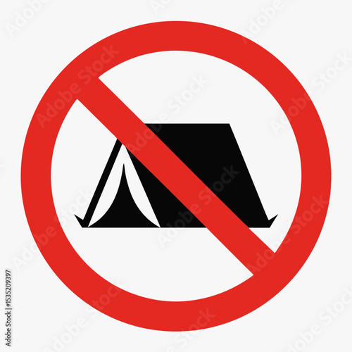 No camping sign with red circle and tent symbol. Prohibited camping area symbol for park rules.  Informational sign design for public areas, indicating restrictions on camping activities.