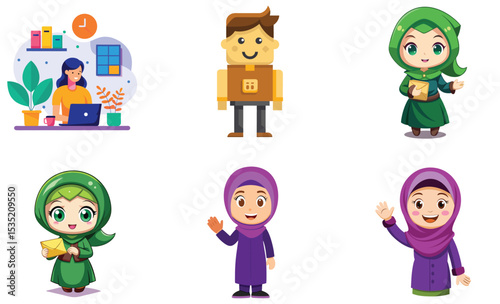Adorable muslim characters in various poses with a working woman vector illustration