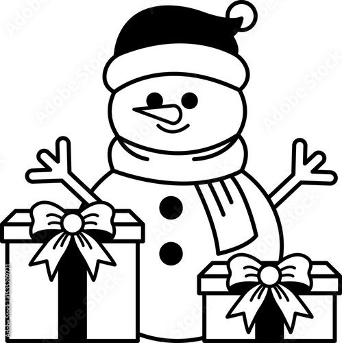 black and white illustration of a snowman wearing red scarf and two gift boxes