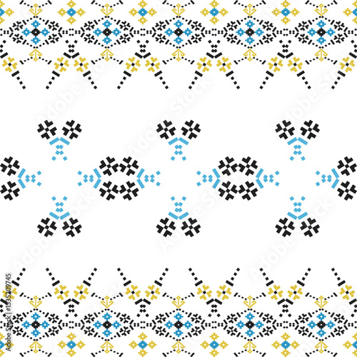 Blue and yellow pixel art flower on a white background wallpaper oriental seamless pattern. Cross-stitch pattern. Ethnic decor style. geometric ornament. Vector seamless pattern. Ukrainian ornament.