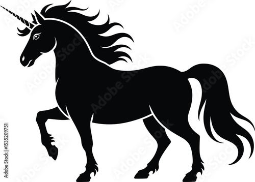 Elegant black unicorn silhouette illustration on white background