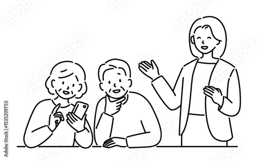 スマホ教室で学ぶ高齢者（線画）