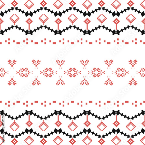 Black and red pixel art flower on a white background wallpaper oriental seamless pattern. Cross-stitch pattern. Ethnic decor style. geometric ornament. Vector seamless pattern. Ukrainian ornament.