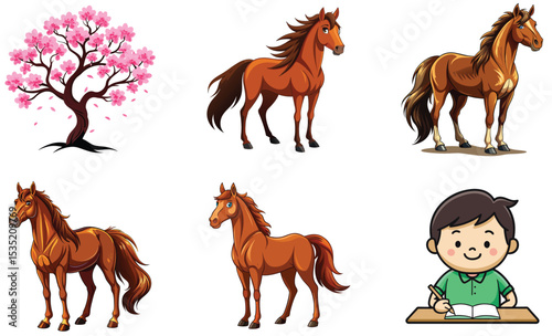 Collection of cartoon horses, cherry blossom tree, and a boy doing school homework with joy.