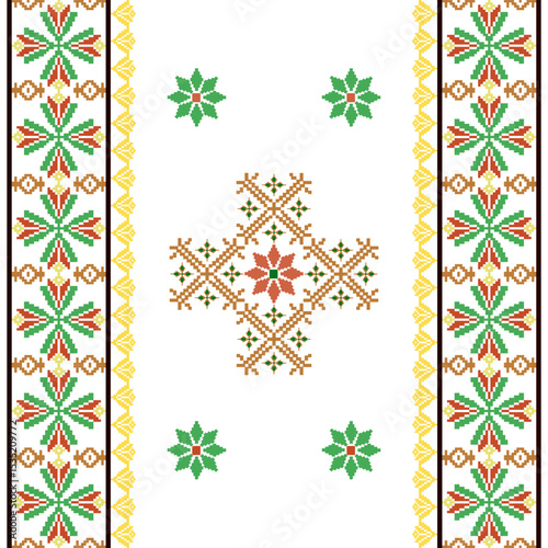 Green and yellow floral cross-stitch. Geometric ethnic patterns. Design for sarees, dupattas, and clothing. Detailed Vector 
Illustration for textile print and elaborate borders. Pixel ornament. 