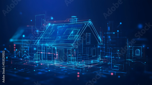 Digital Blueprint of a House with Futuristic Network Connections