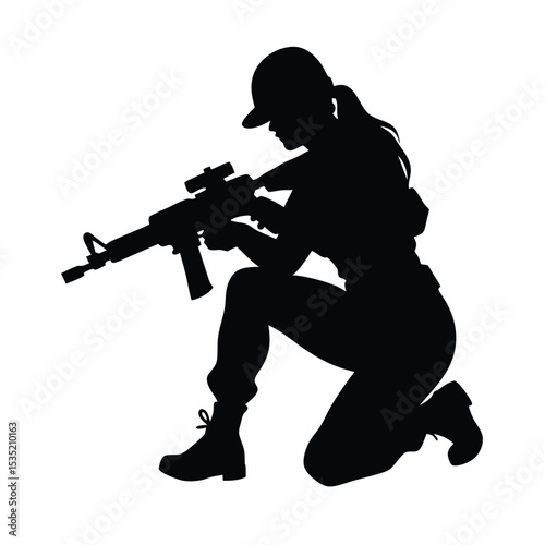 A vector silhouette of a woman kneeling in a tactical pose, holding an assault rifle