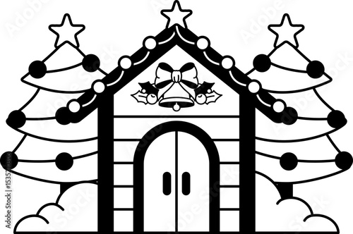 black and white illustration of The house is decorated with Christmas lights and a Christmas tree