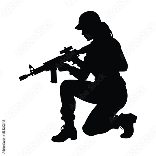 A vector silhouette of a woman kneeling in a tactical pose, holding an assault rifle