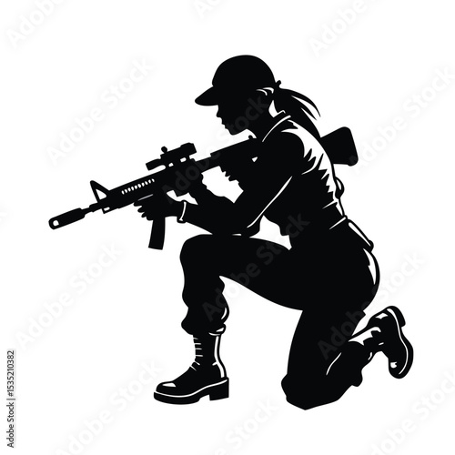 A vector silhouette of a woman kneeling in a tactical pose, holding an assault rifle