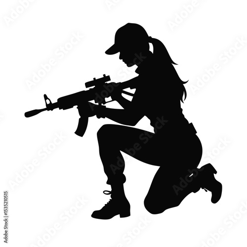 A vector silhouette of a woman kneeling in a tactical pose, holding an assault rifle