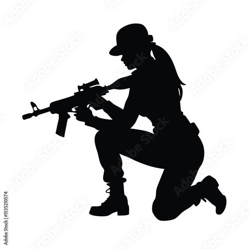 A vector silhouette of a woman kneeling in a tactical pose, holding an assault rifle