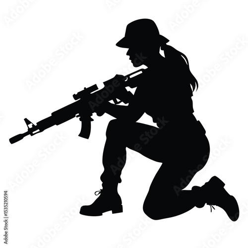 A vector silhouette of a woman kneeling in a tactical pose, holding an assault rifle