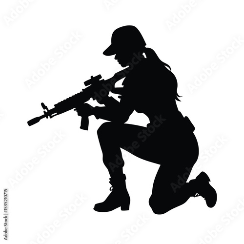 A vector silhouette of a woman kneeling in a tactical pose, holding an assault rifle