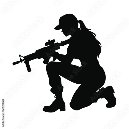 A vector silhouette of a woman kneeling in a tactical pose, holding an assault rifle