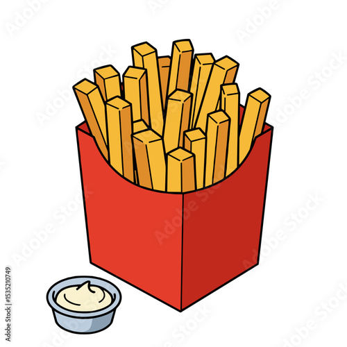 Fast food french fries in red carton box with dipping sauce  