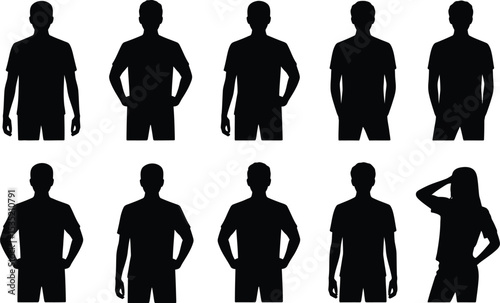 Ten people silhouette standing wearing casual t shirts design collection