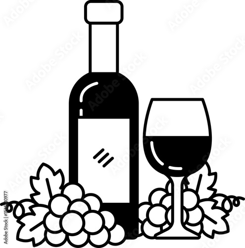 black and white illustration of a bottle of grapes wine