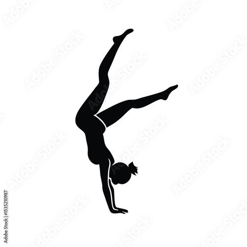  A vector silhouette of a woman performing a handstand with one leg extended upwards and the other bent at the waist