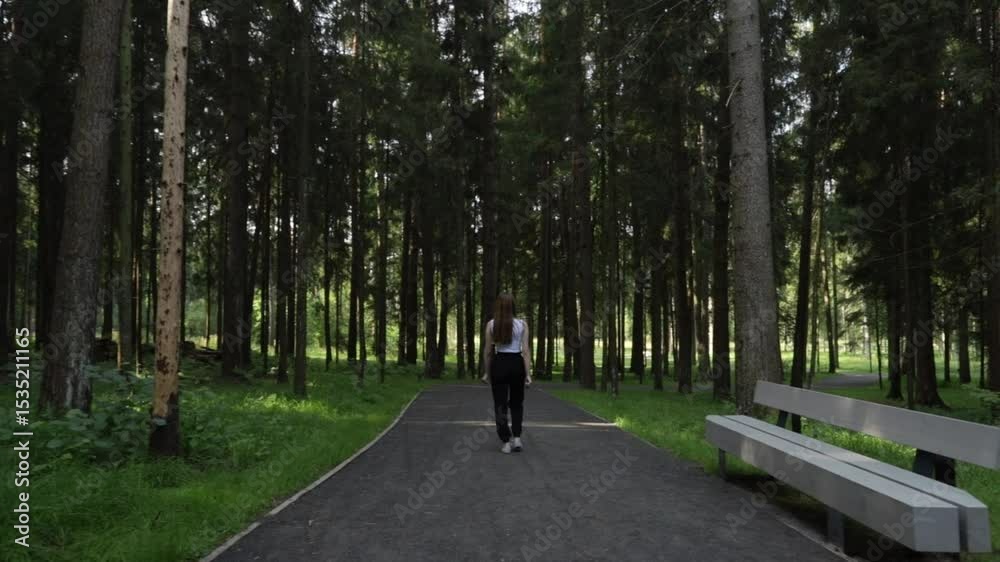Young woman walking in the forest, rear view from the back Young woman walking in the forest, rear view from the back