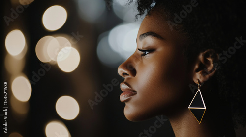 Elegant Black woman with bold geometric earrings, radiating confidence and modern sophistication.