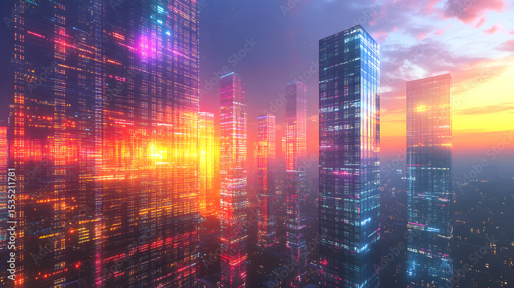 Obraz premium Futuristic Cityscape at Sunset with Illuminated Skyscrapers