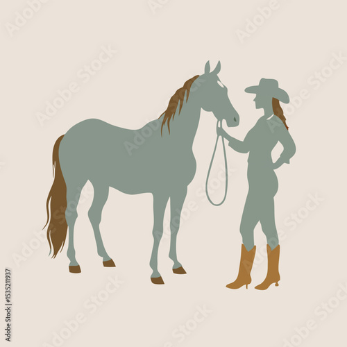  A vector silhouette of a woman standing beside a horse, gently holding the reins