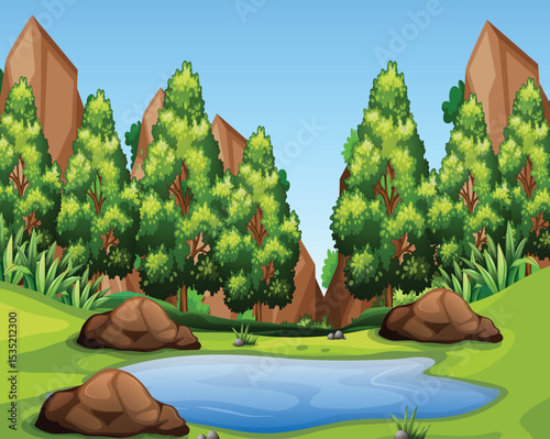 Serene Lakeside Landscape: A picturesque landscape with lush trees surrounding a tranquil lake under a clear blue sky, offering a scene of natural beauty and peace.