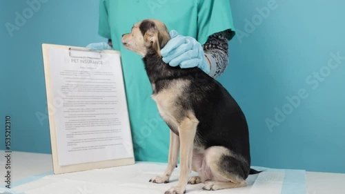 dog sitting beside insurance form, veterinarian discussing healthcare options, medical clinic ensuring pet safety and protection