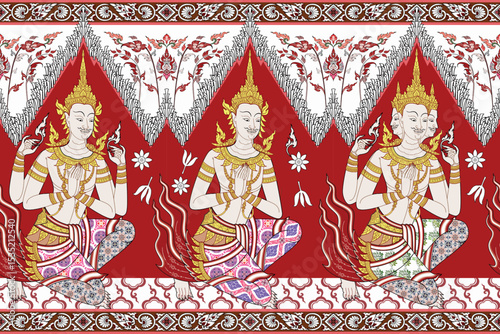  Traditional Thai art seamless wall painting in damask style motifs suitable for wallpaper, clothing, textile and fabric design isolated illustration vector archive EPS file.