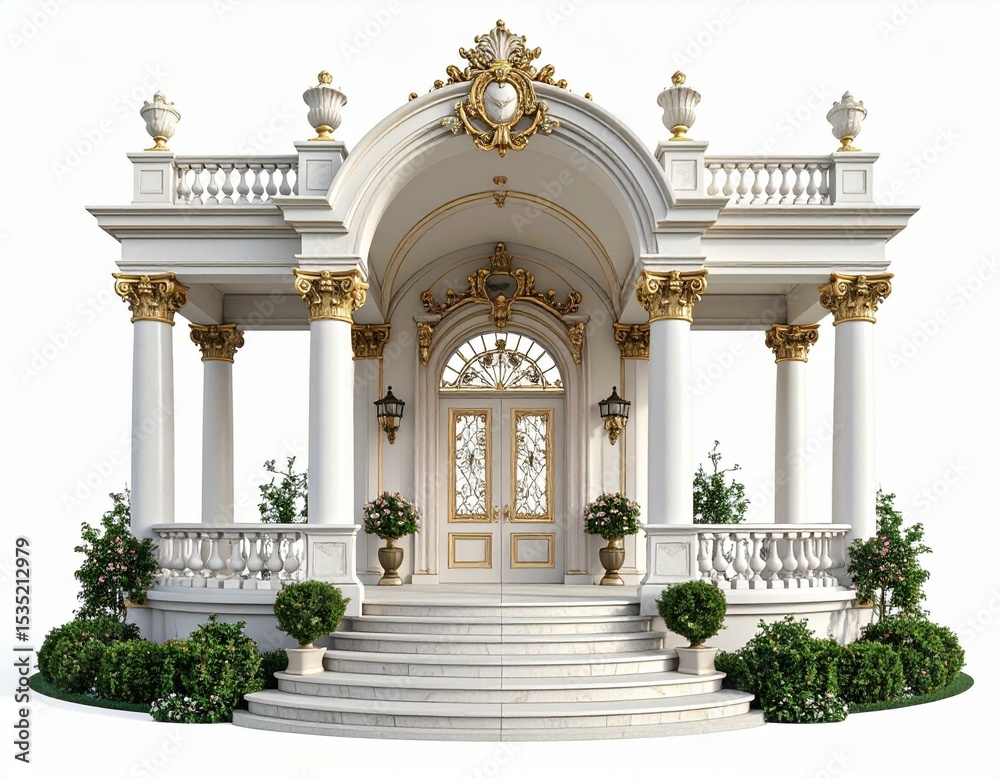 Obraz premium Elegant White and Gold Classical Gazebo Entrance with Ornate Detailing