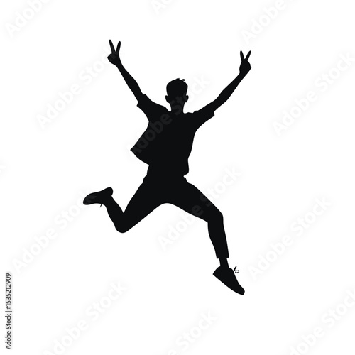 A vector silhouette of a young man jumping in the air with his arms raised in a victory pose,