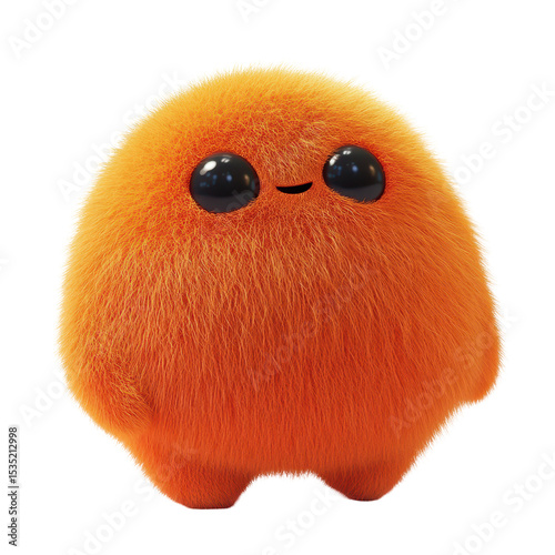Fluffy orange 3D cartoon monster, Fluffy orange 3D cartoon monster with a playful grin and big eyes, isolated on transparent background