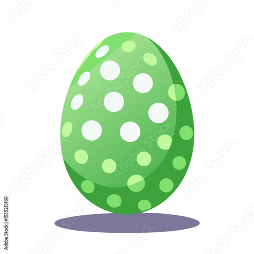 a large green Easter egg with white and light green polka dots, sitting on a purple shadow base.