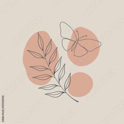 A minimalist illustration featuring a delicate butterfly in black line art vector