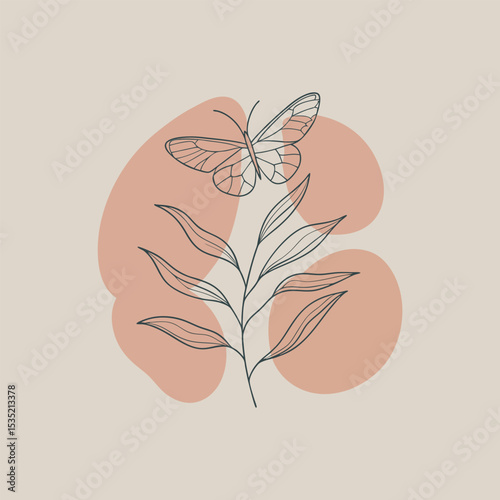 A minimalist illustration featuring a delicate butterfly in black line art vector
