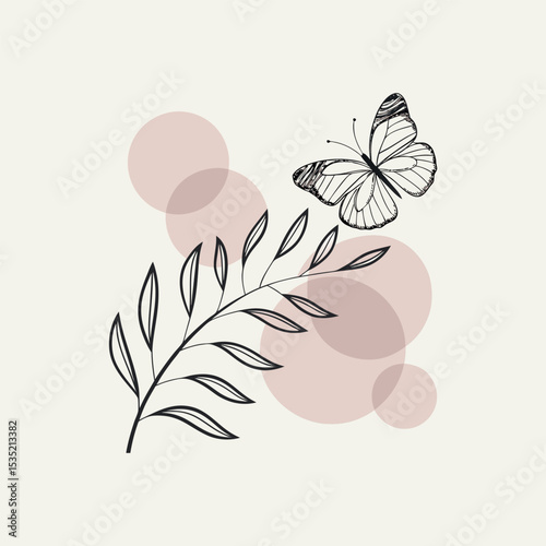 A minimalist illustration featuring a delicate butterfly in black line art vector