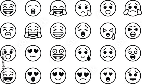 Collection of diverse expression emoji icons in black and white line art