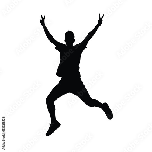 A vector silhouette of a young man jumping in the air with his arms raised in a victory pose,