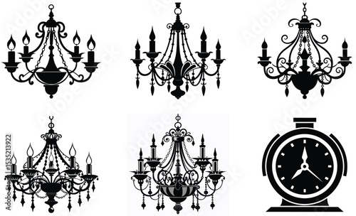 Elegant silhouette collection of chandeliers and decorative clocks in simple black and white designs